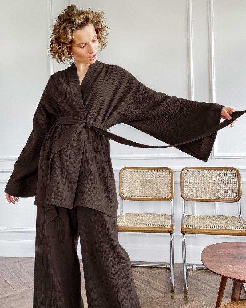 Brown loose fit gauze pajama bathrobe set