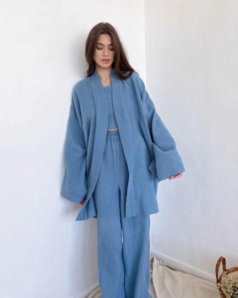 Dark Blue loose fit gauze pajama bathrobe set