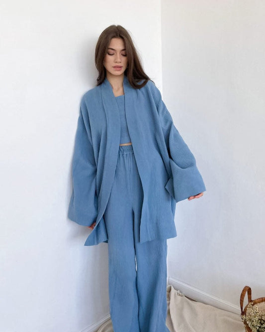 Dark Blue loose fit gauze pajama bathrobe set