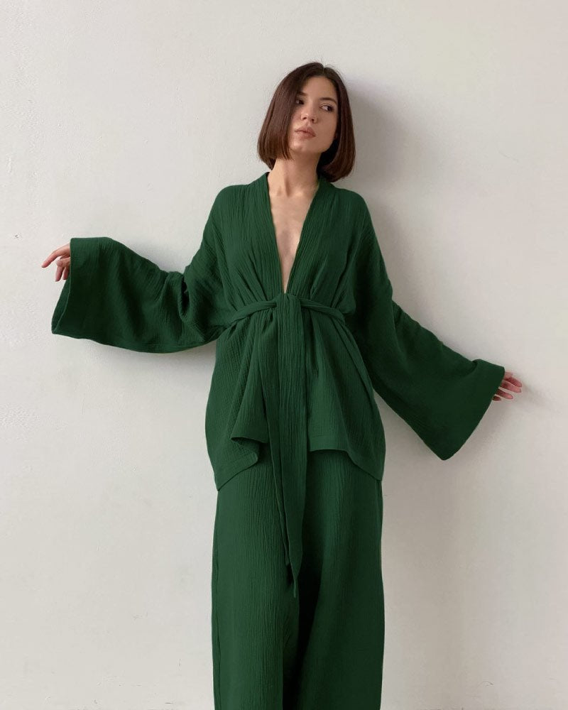 Dark Green loose fit gauze pajama bathrobe set