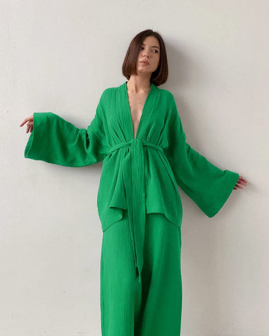 Green loose fit gauze pajama bathrobe set
