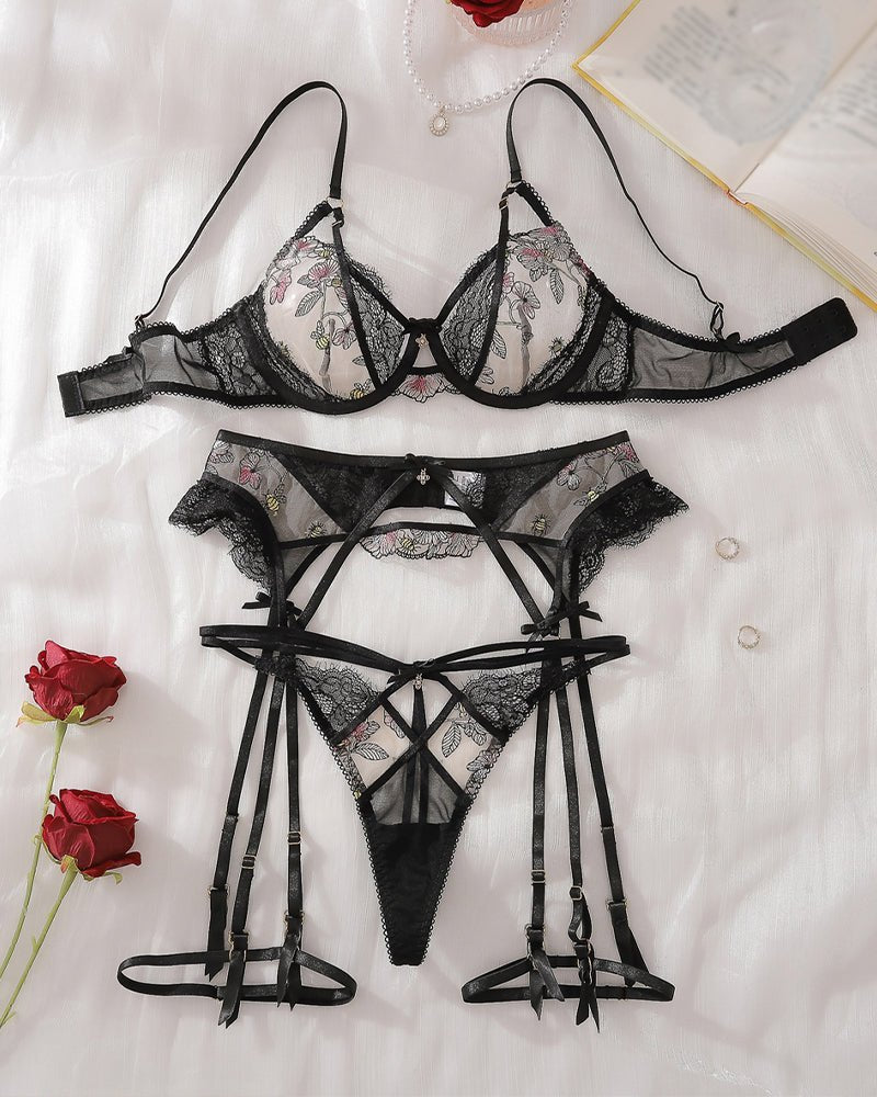 Lotus embroidered push up bra garter set, photo 4