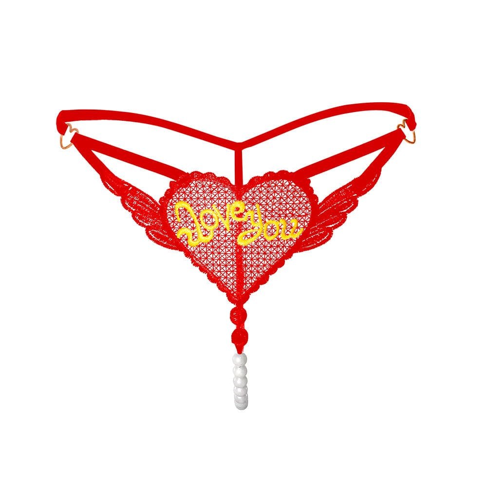 Red heart applique crotchless mesh panty with pearl tail
