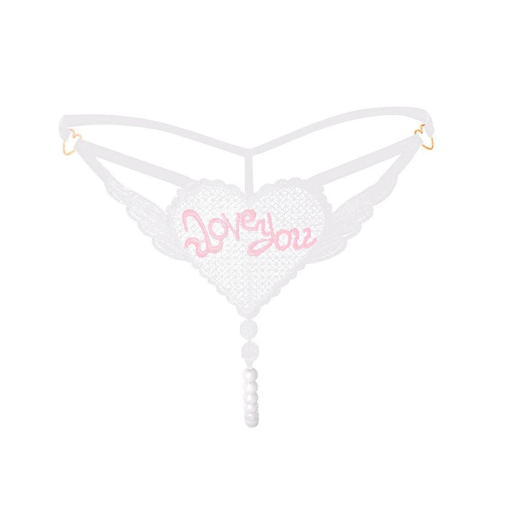 White heart applique crotchless mesh panty with pearl tail