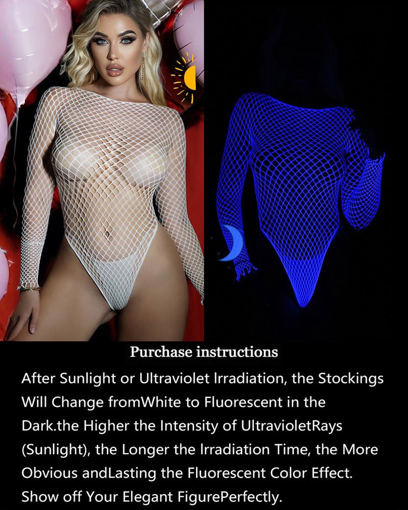 Luminous blue long sleeve fishnet bodysuit, photo 3