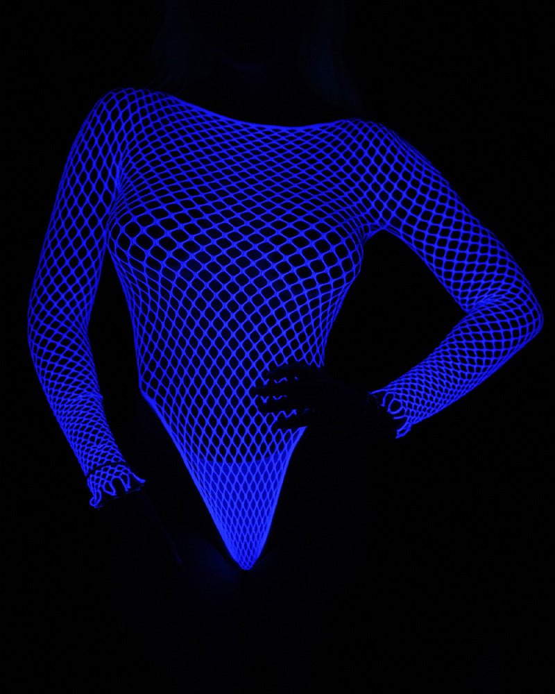 Luminous blue long sleeve fishnet bodysuit, photo 5
