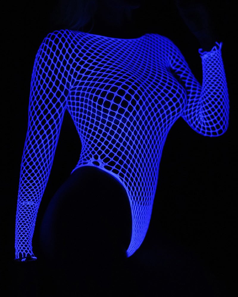 White(blue) luminous blue long sleeve fishnet bodysuit