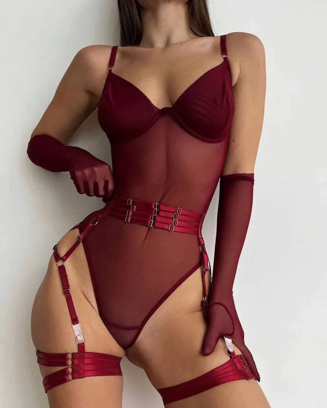 Deep red mesh harness bodysuit with garter belt and gloves, photo 3