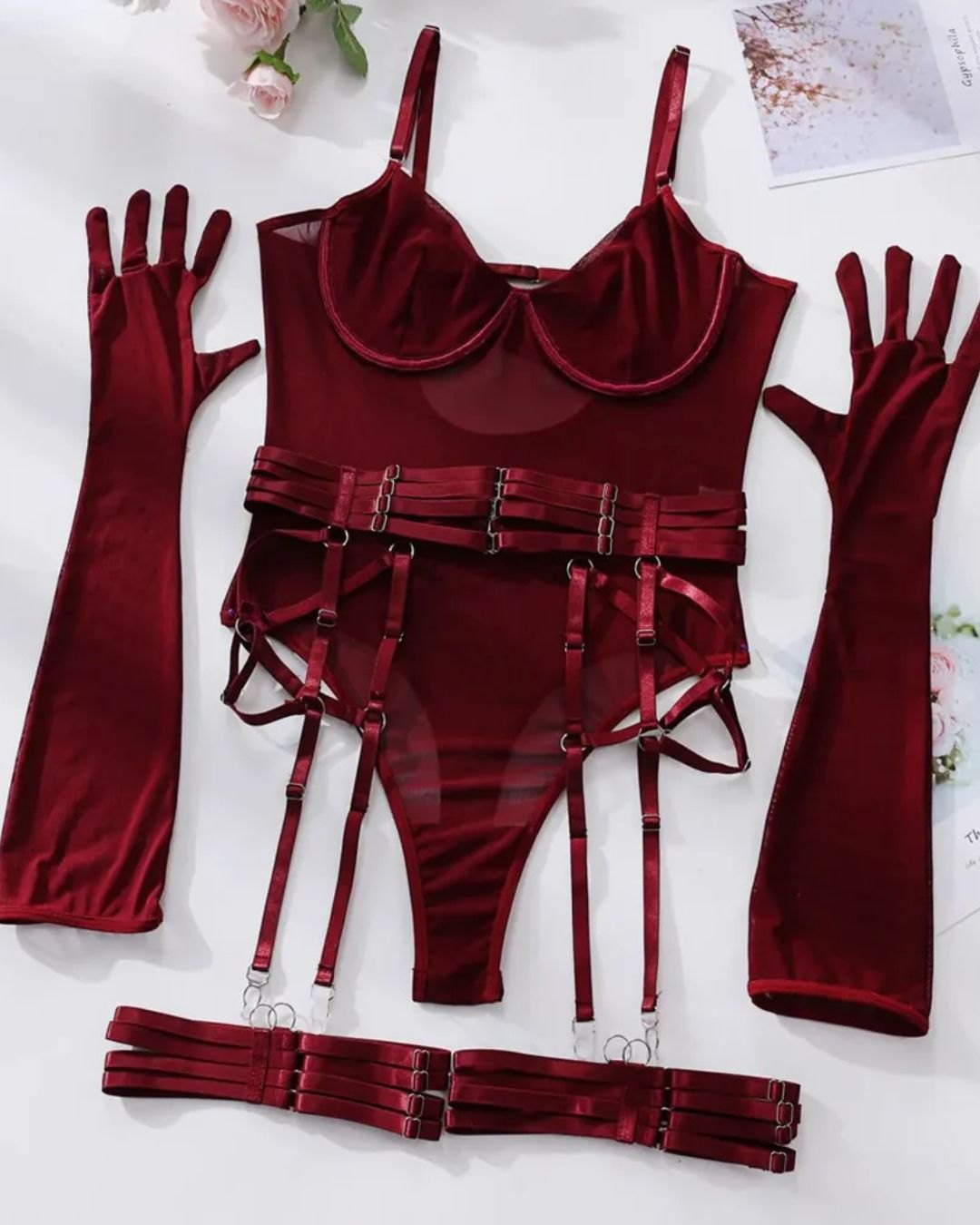Deep red mesh harness bodysuit with garter belt and gloves, photo 8