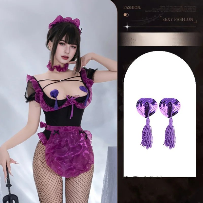 Purple & Breast Pad maid roleplay costume mesh bodysuit set