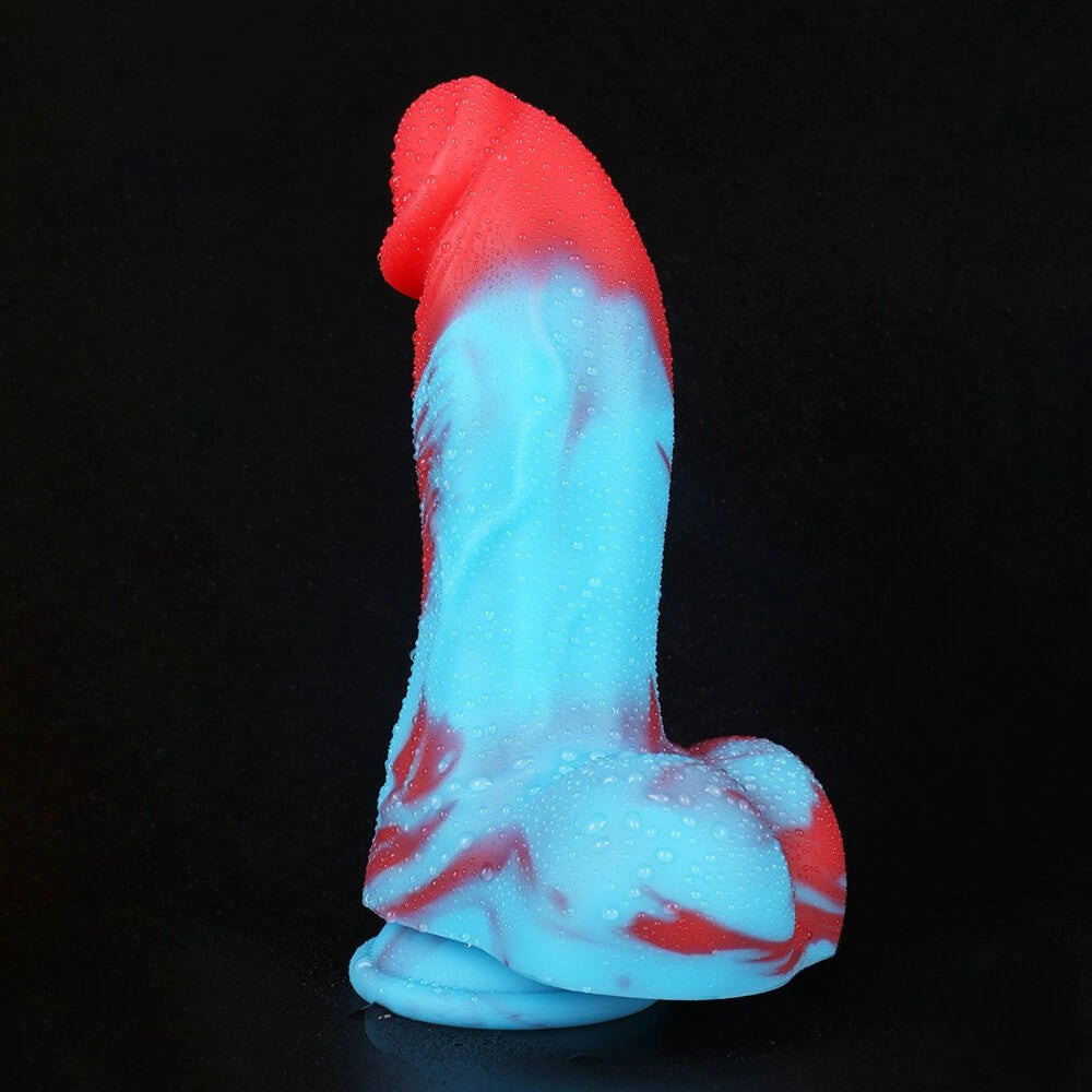 Marbled red and blue silicone dildo, photo 10
