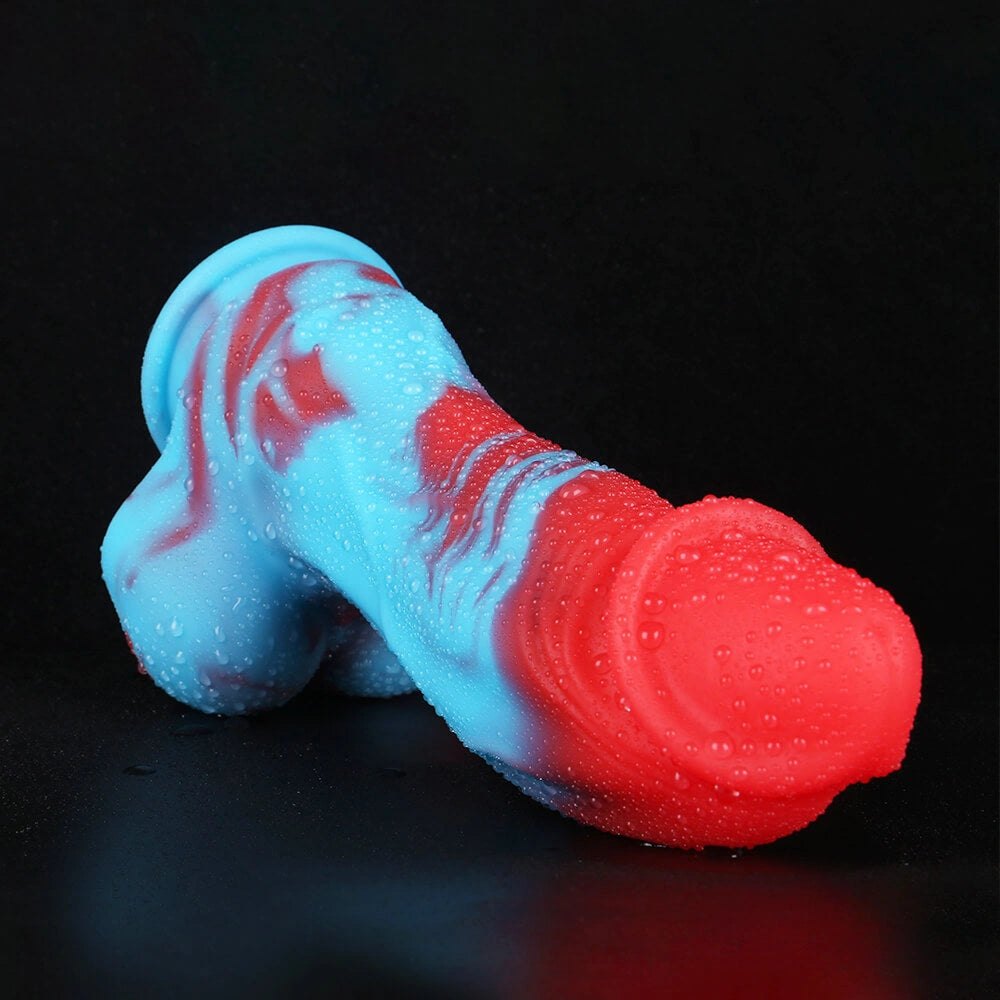 Marbled red and blue silicone dildo, photo 11