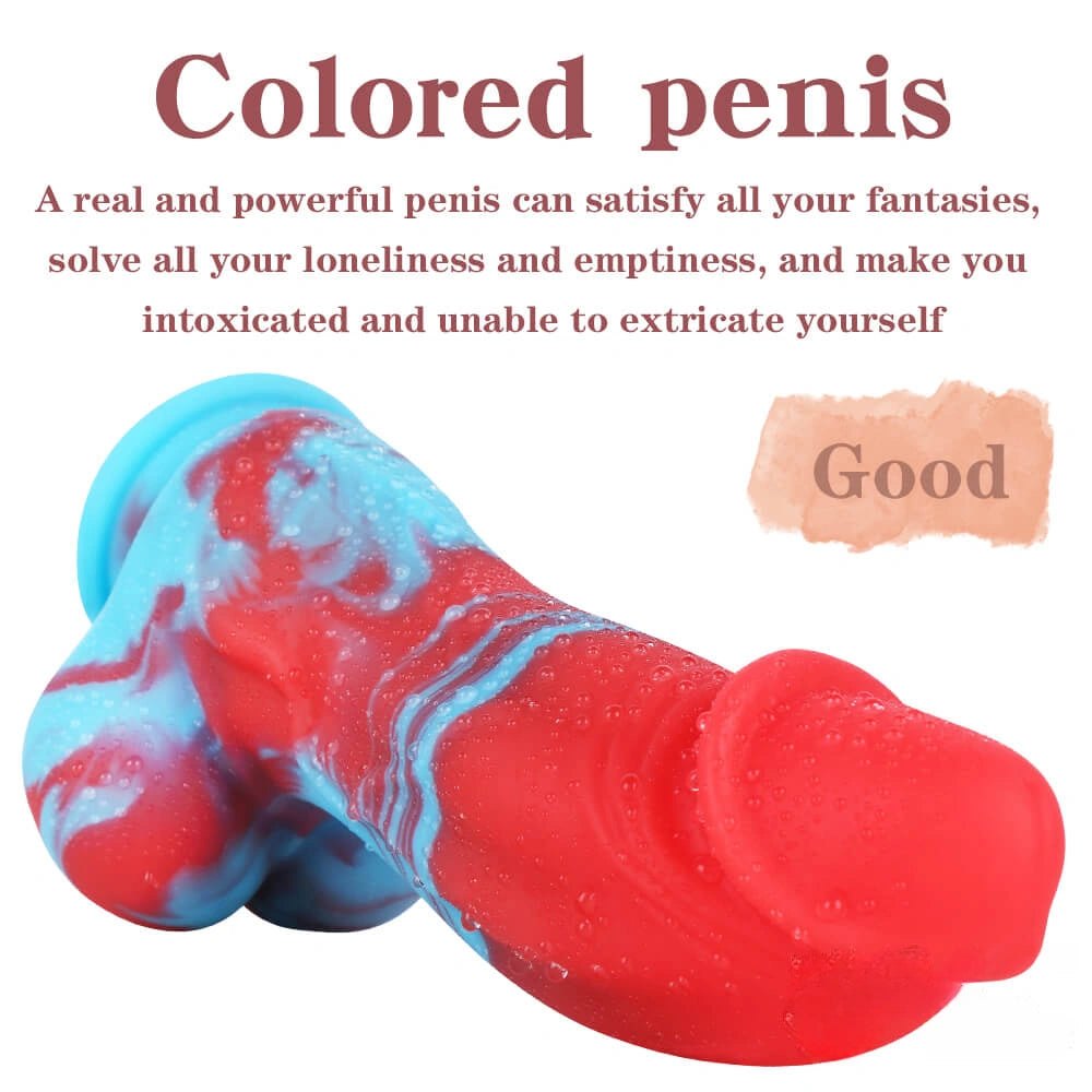 Marbled red and blue silicone dildo, photo 5
