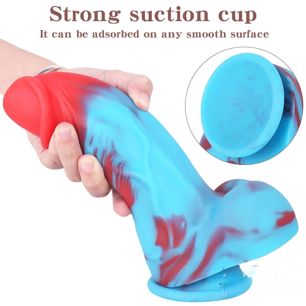 Marbled red and blue silicone dildo, photo 6