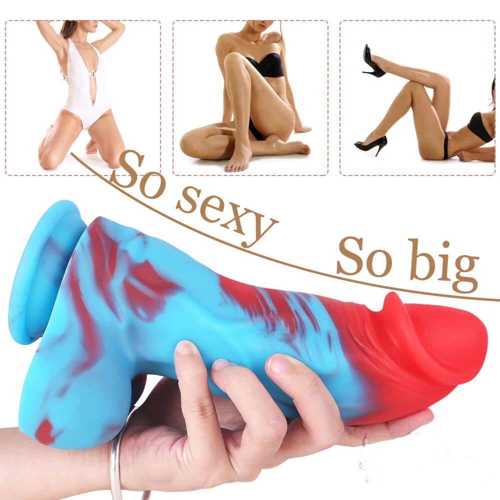 Marbled red and blue silicone dildo, photo 7