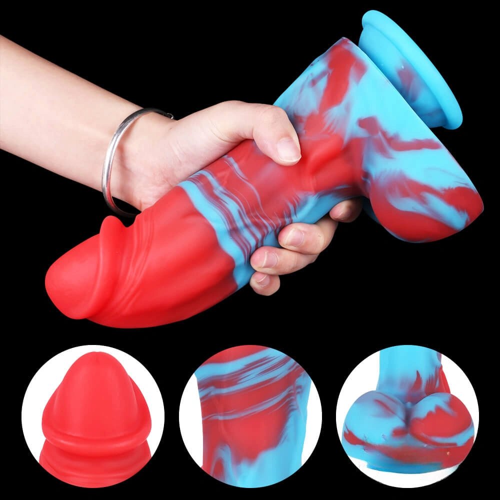Marbled red and blue silicone dildo, photo 8