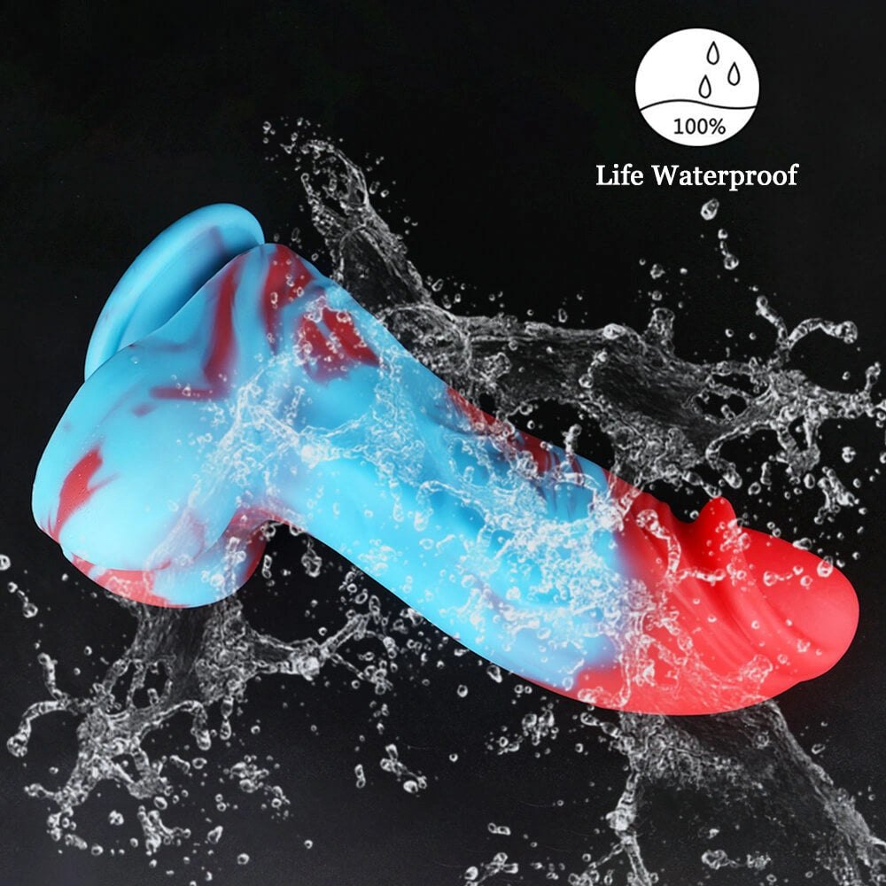 Marbled red and blue silicone dildo, photo 9