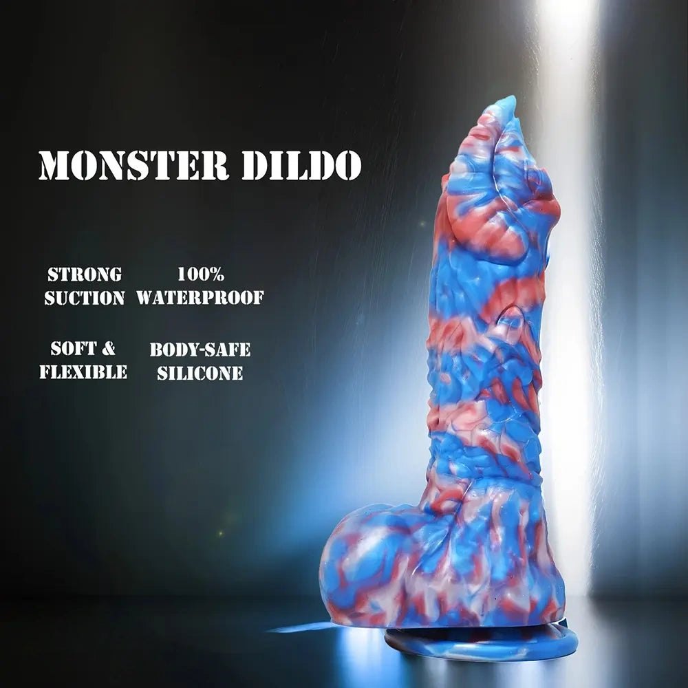 Red white and blue marbled fantasy dildo, photo 2