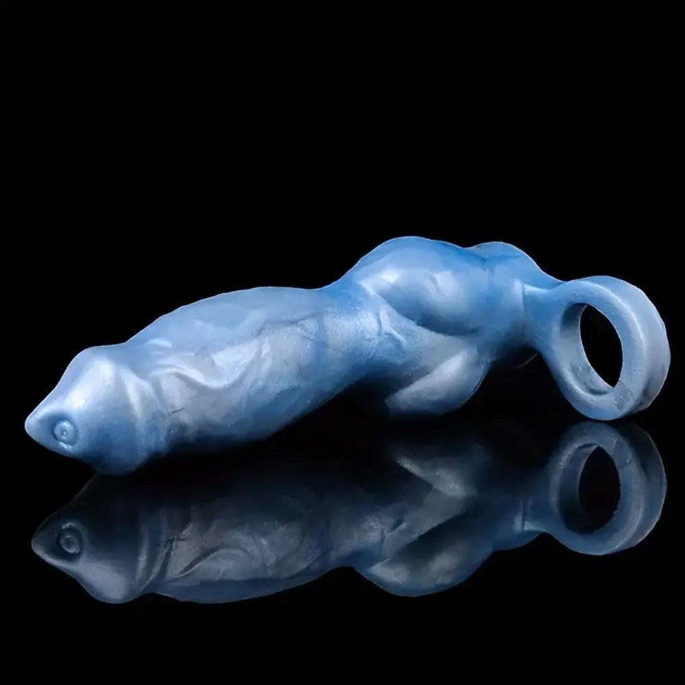 Marbled pink knot dildo sleeve with pull ring, photo 12