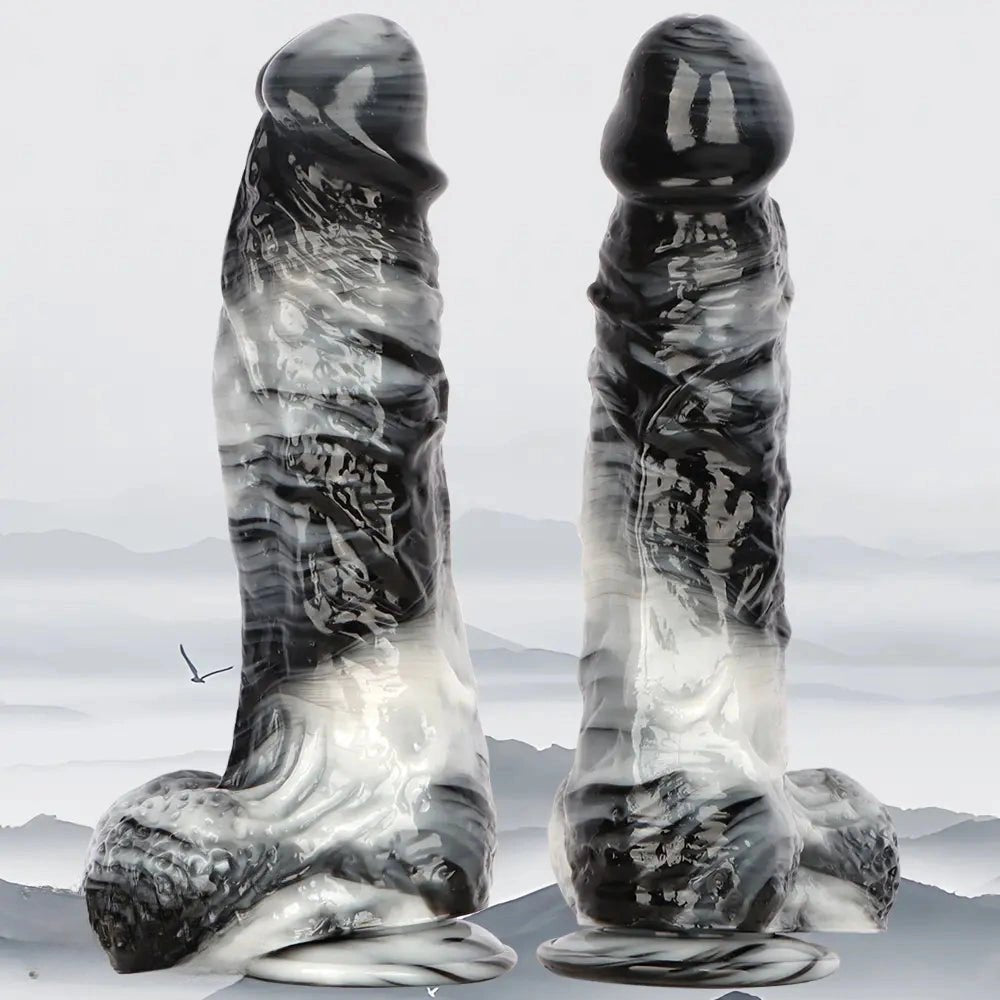Black and white marbled realistic dildo, photo 4