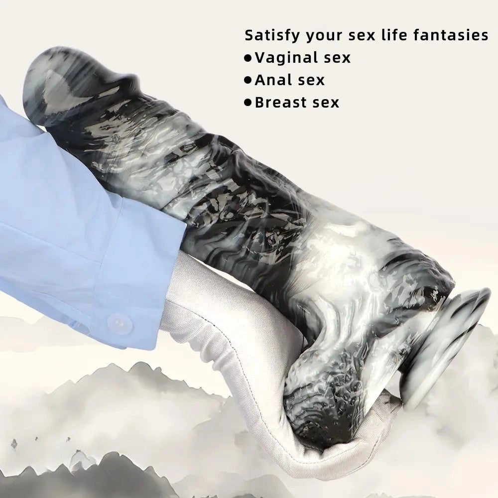 Black and white marbled realistic dildo, photo 6