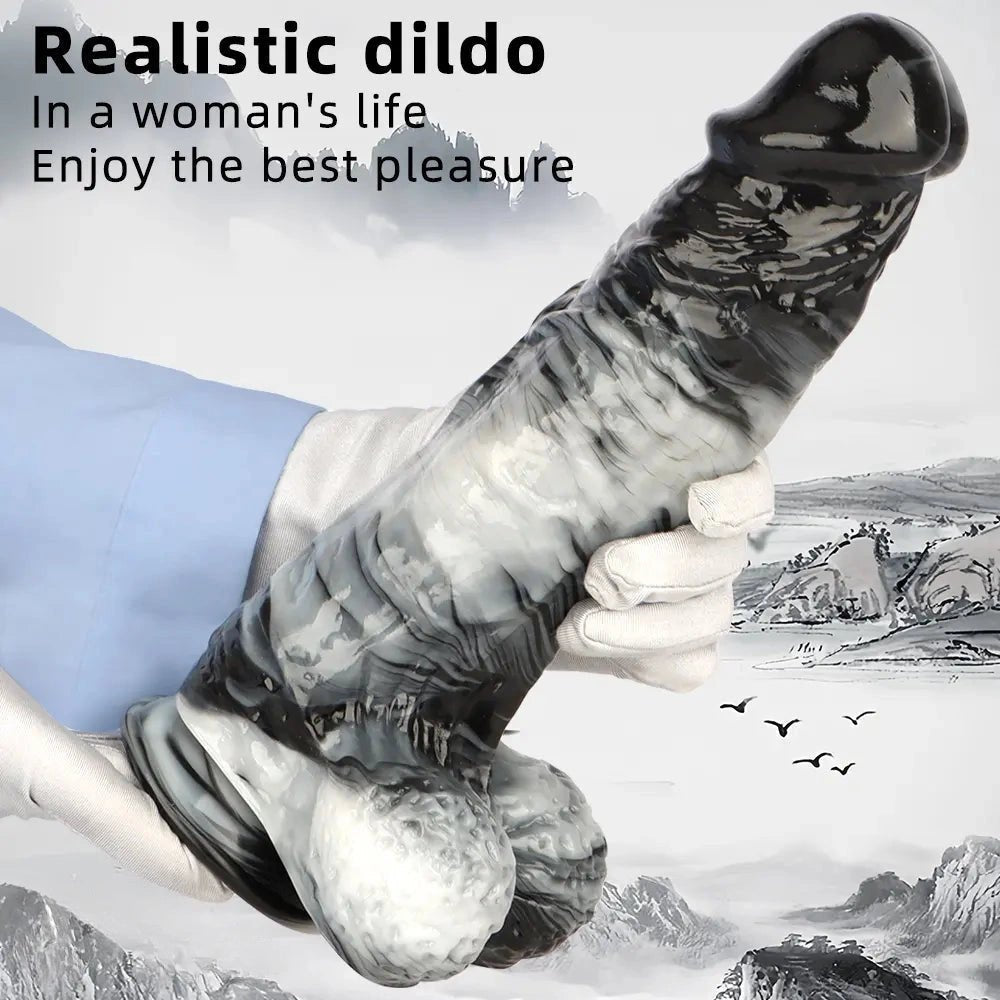 Black and white marbled realistic dildo, photo 8