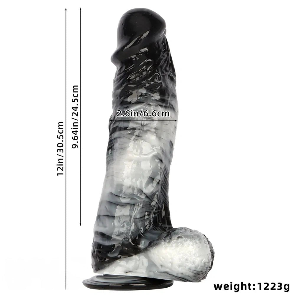 Black and white marbled realistic dildo, photo 9