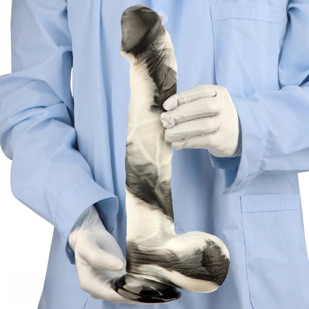 Black and white marbled realistic dildo, photo 11