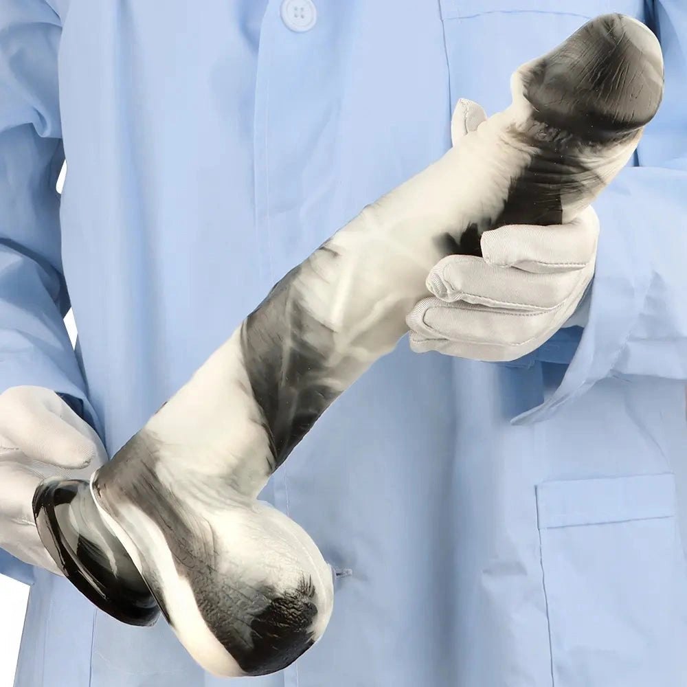 Black and white marbled realistic dildo, photo 12
