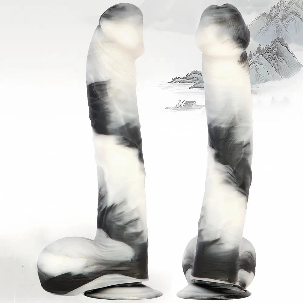 Black and white marbled realistic dildo, photo 4