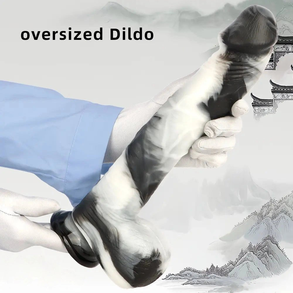 Black and white marbled realistic dildo, photo 5