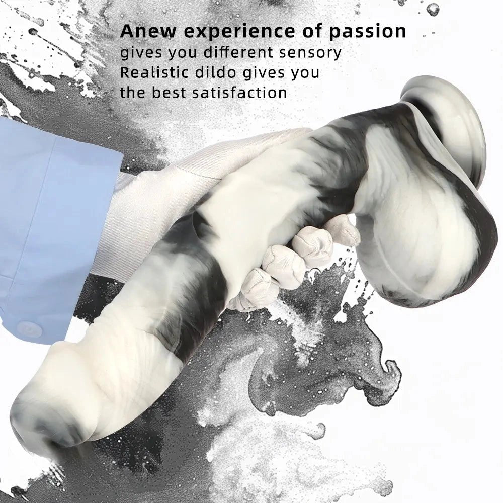 Black and white marbled realistic dildo, photo 6
