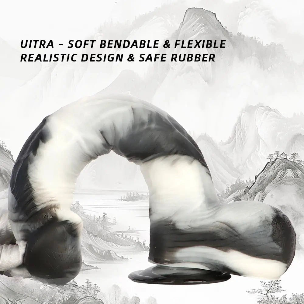 Black and white marbled realistic dildo, photo 8
