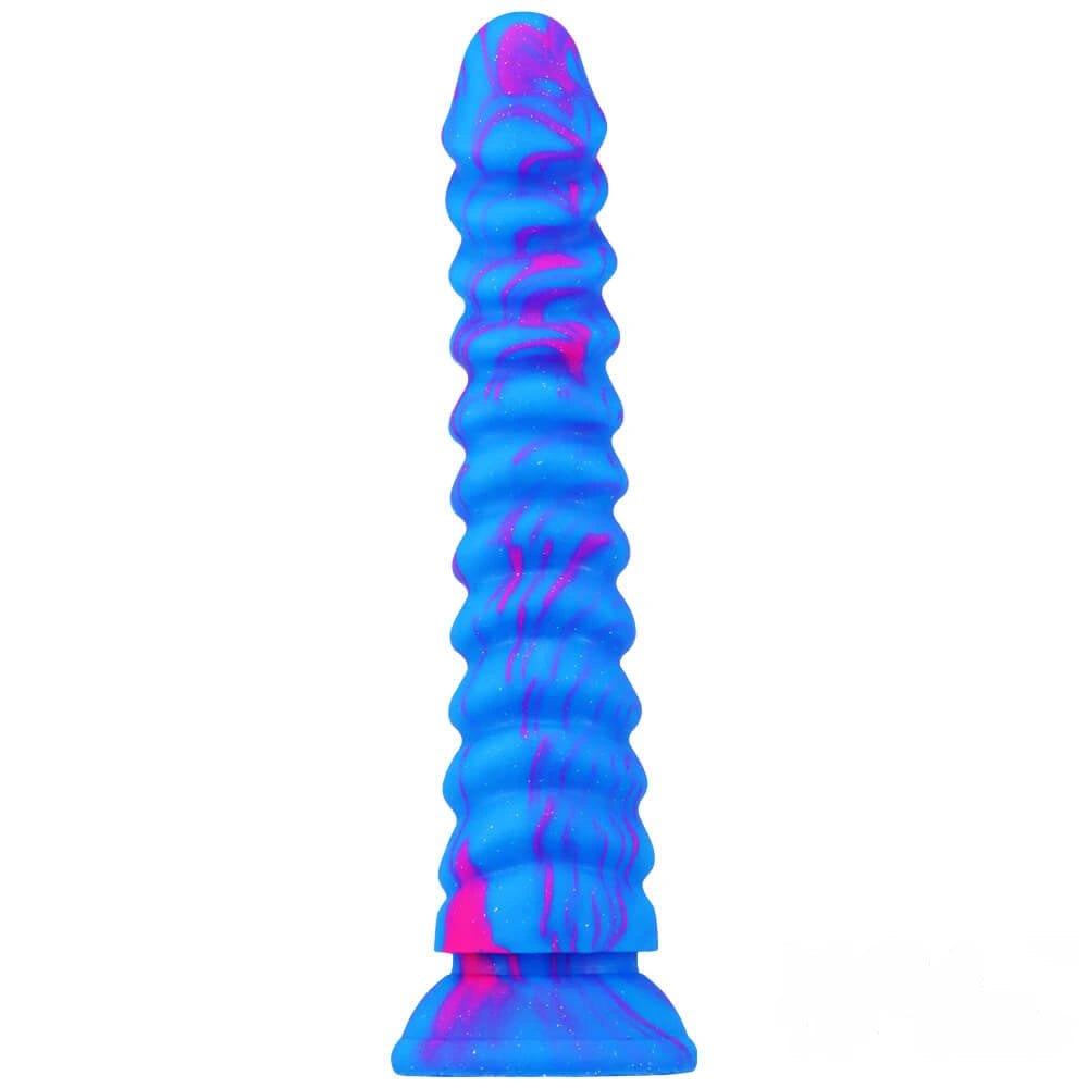 Blue pink marbled ribbed fantasy dildo, photo 1