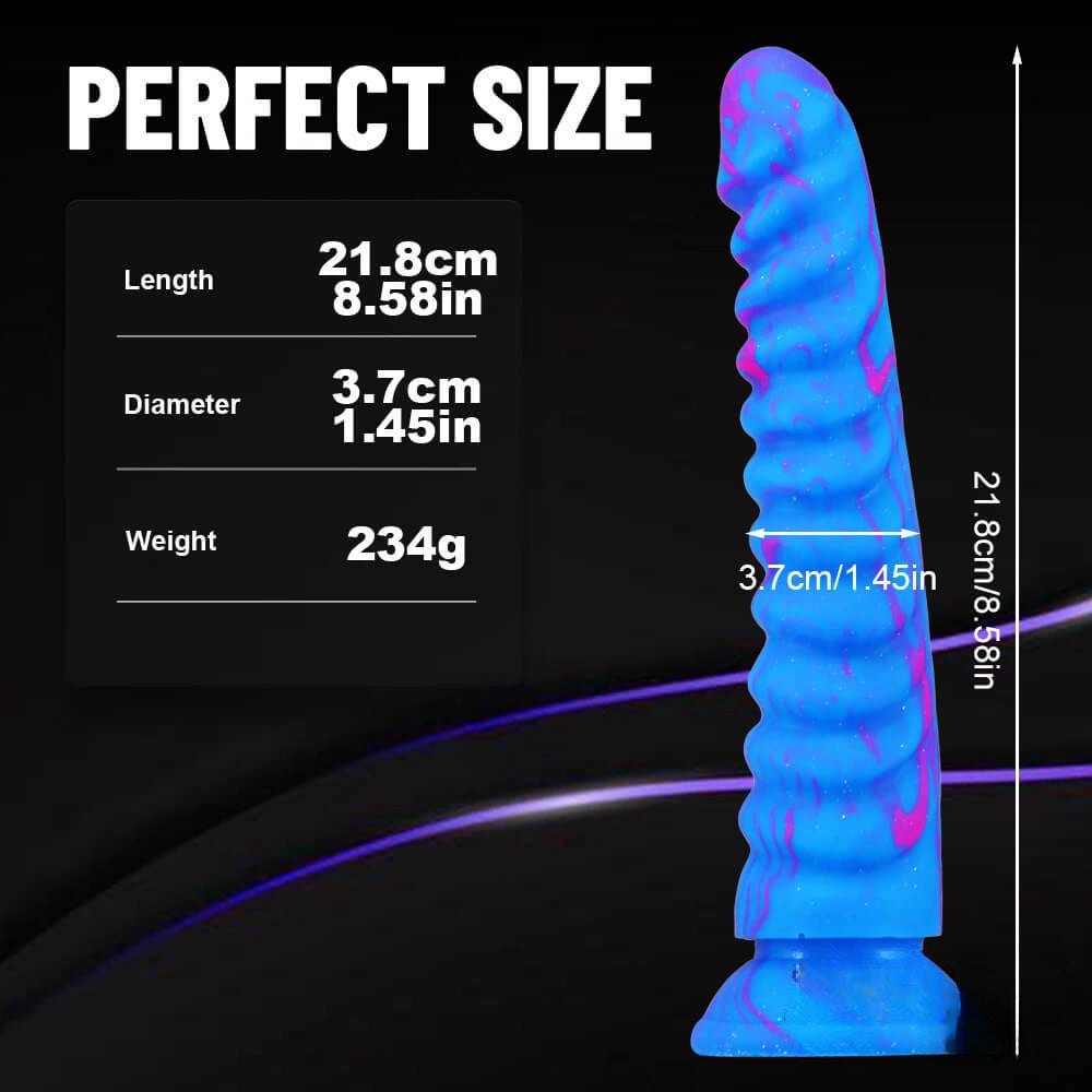 Blue pink marbled ribbed fantasy dildo, photo 4