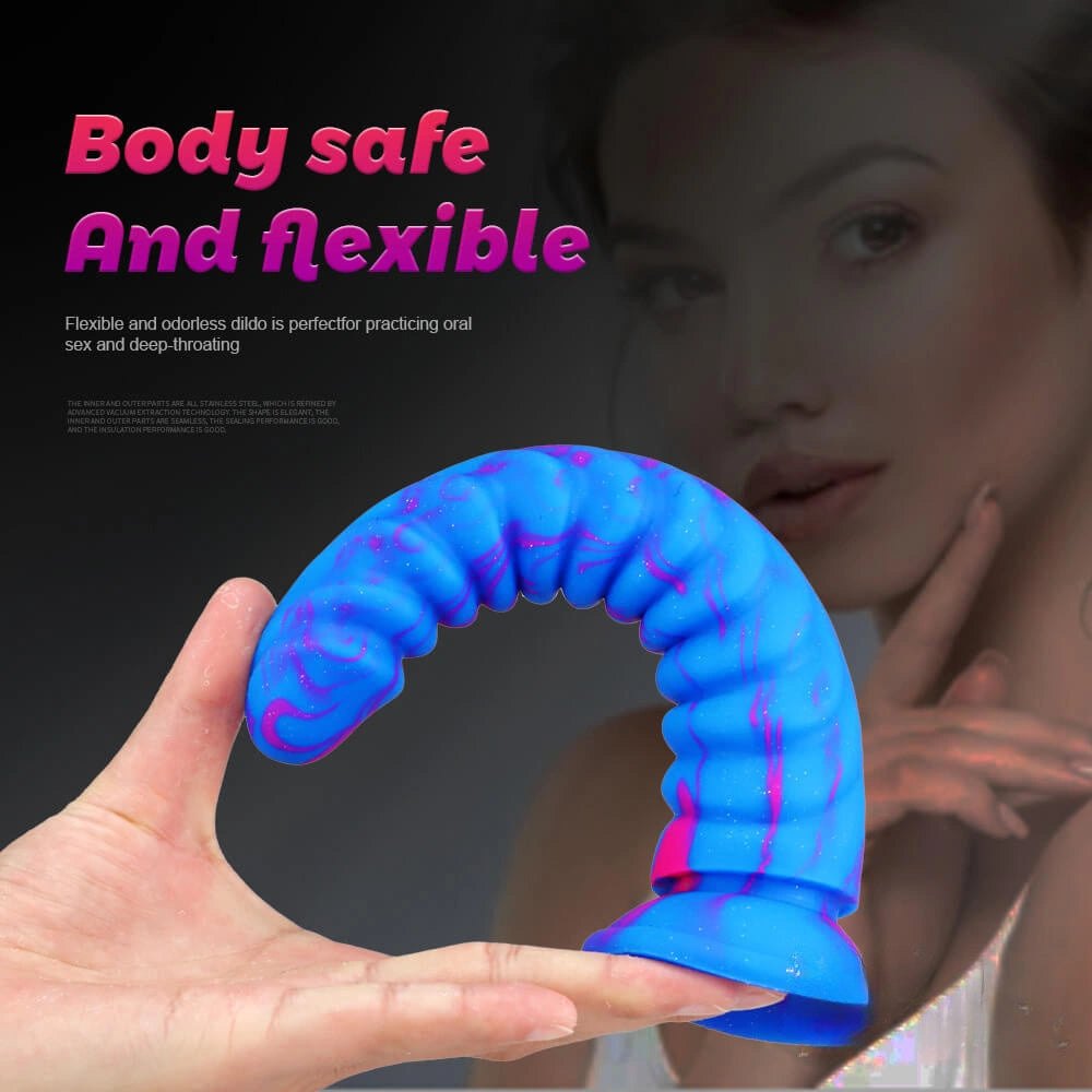 Blue pink marbled ribbed fantasy dildo, photo 5