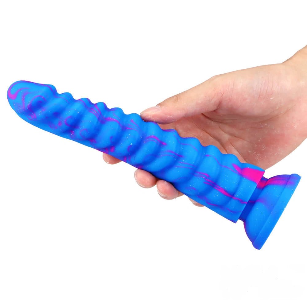 Blue pink marbled ribbed fantasy dildo, photo 6
