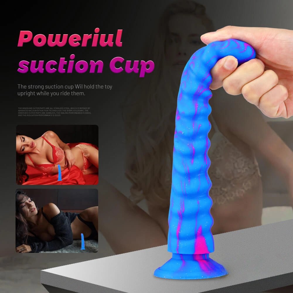 Blue pink marbled ribbed fantasy dildo, photo 7