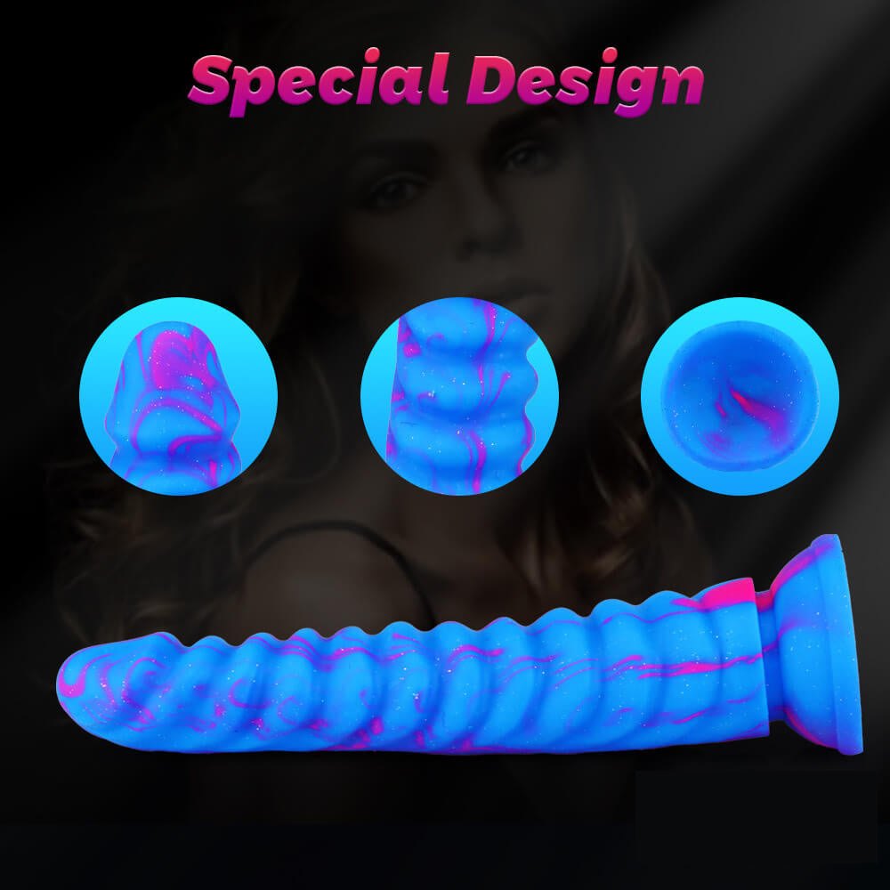 Blue pink marbled ribbed fantasy dildo, photo 8