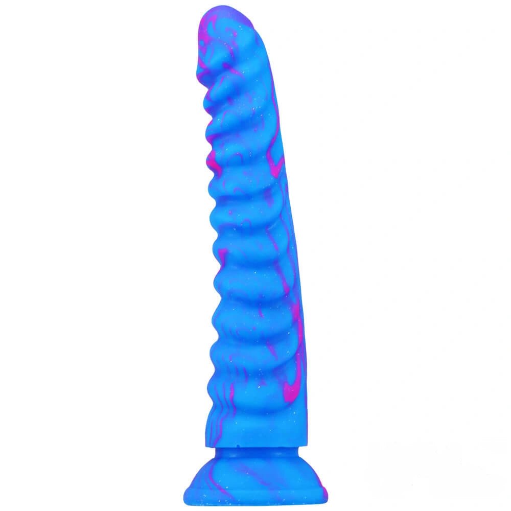 Blue pink marbled ribbed fantasy dildo, photo 9