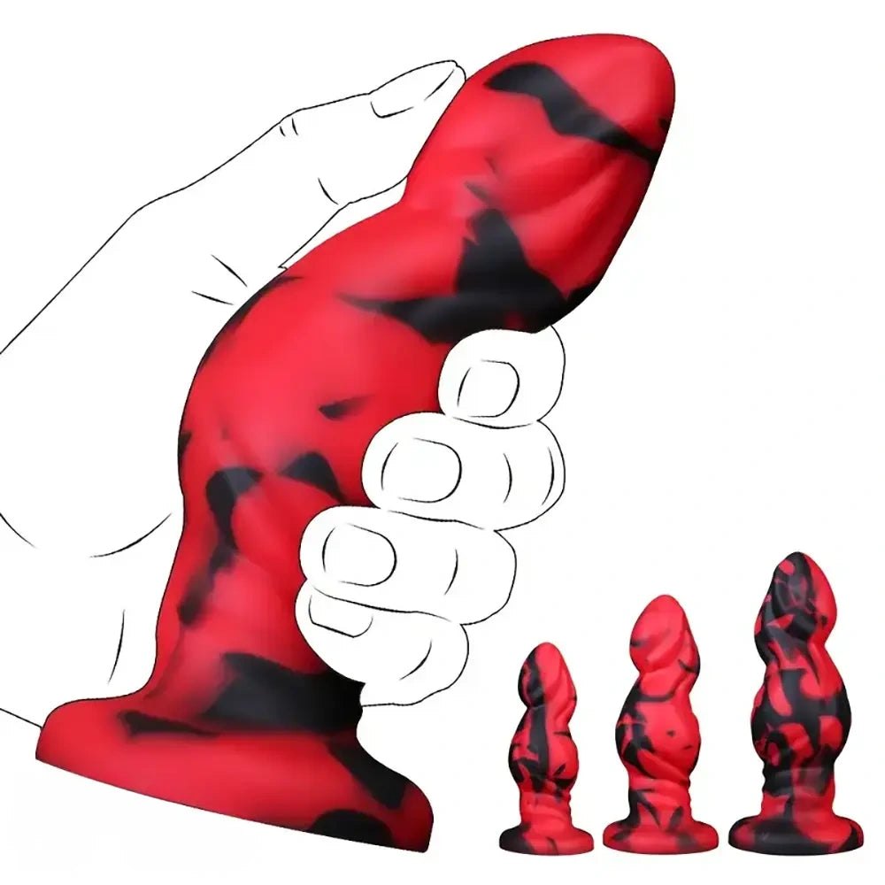 Red and black marbled silicone anal plug, photo 2