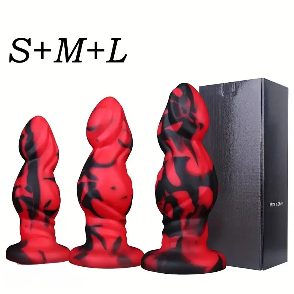 Red and black marbled silicone anal plug, photo 7