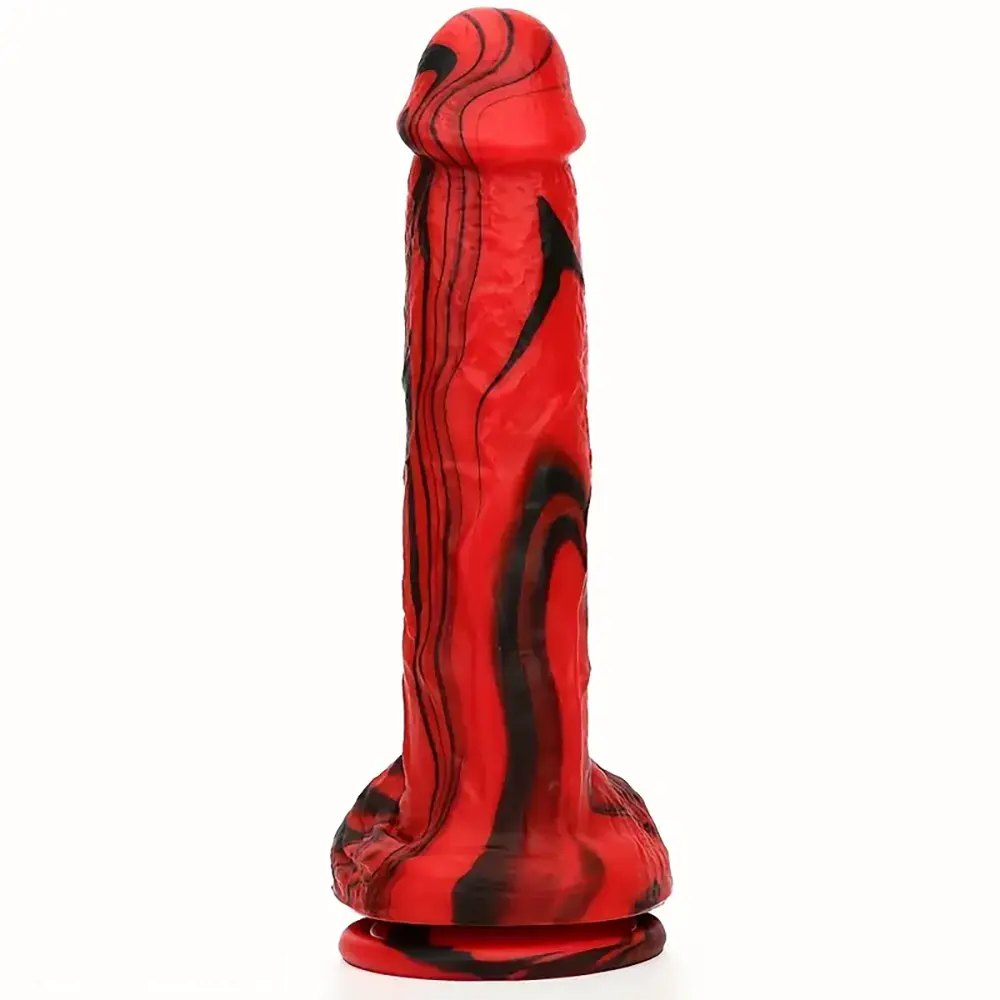 Red and black marbled silicone dildo, photo 1