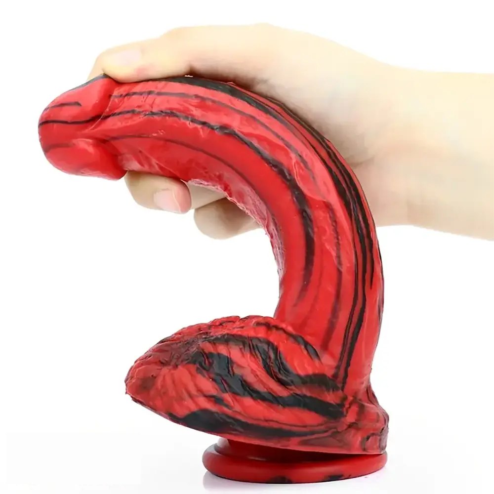 Red and black marbled silicone dildo, photo 2