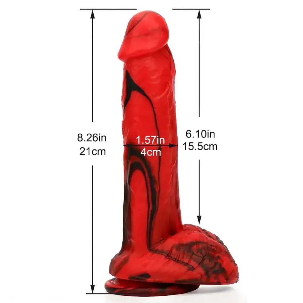 Red and black marbled silicone dildo, photo 3