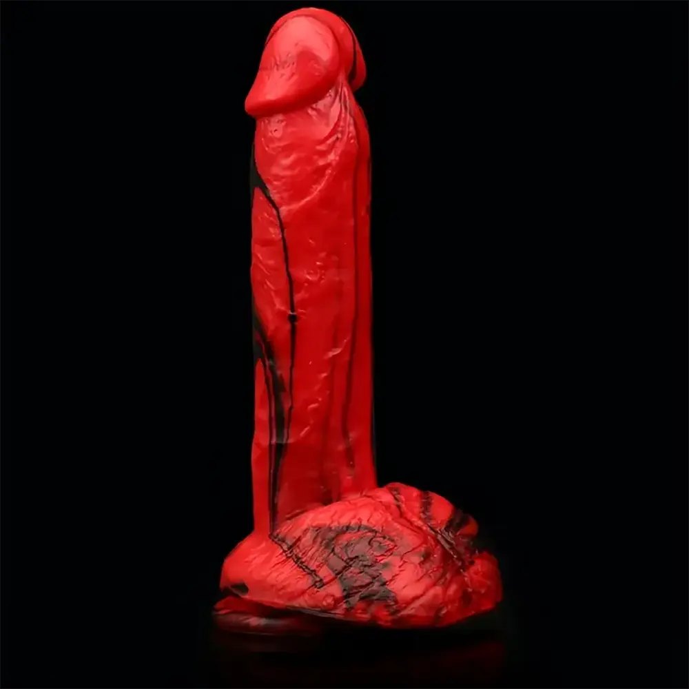 Red and black marbled silicone dildo, photo 4