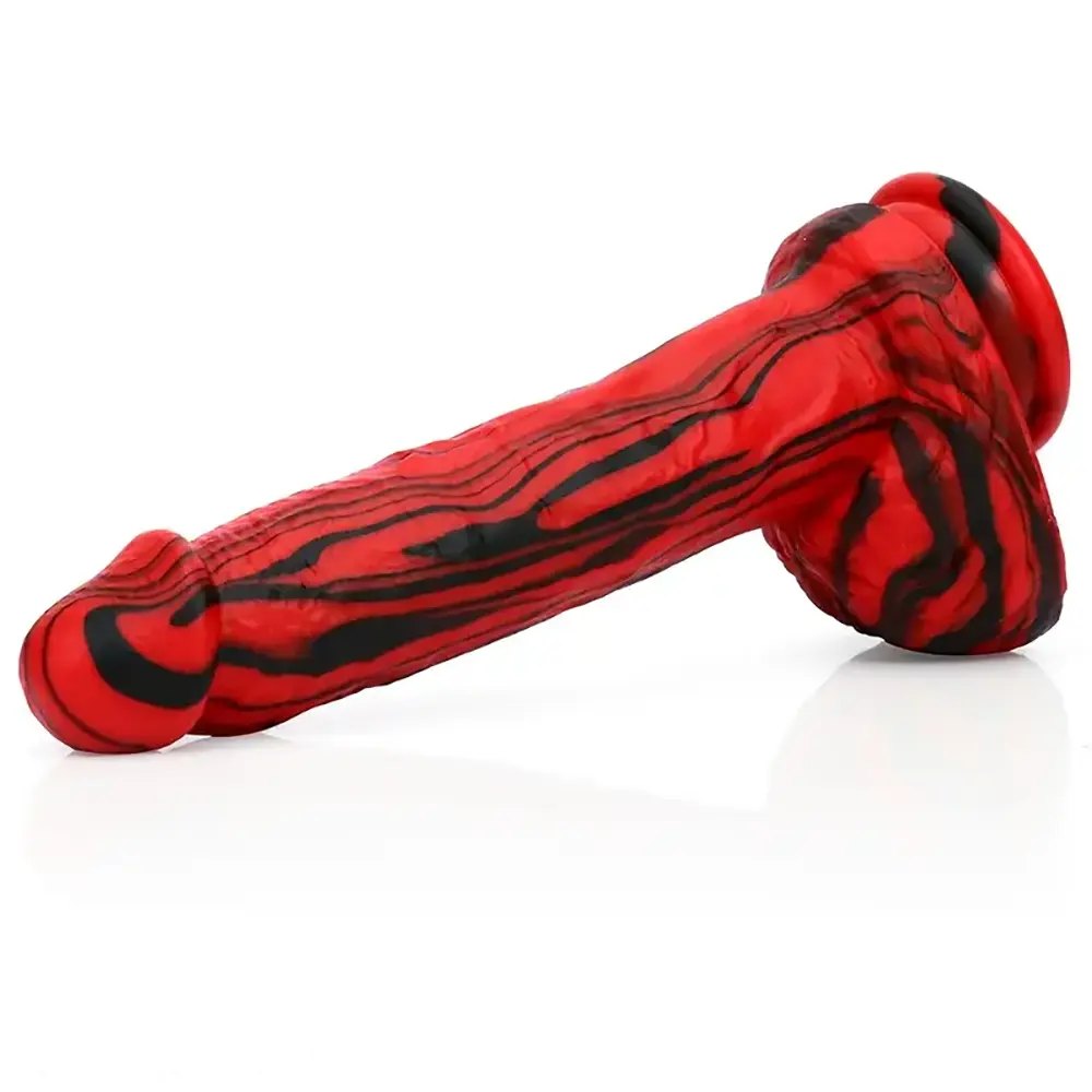 Red and black marbled silicone dildo, photo 5