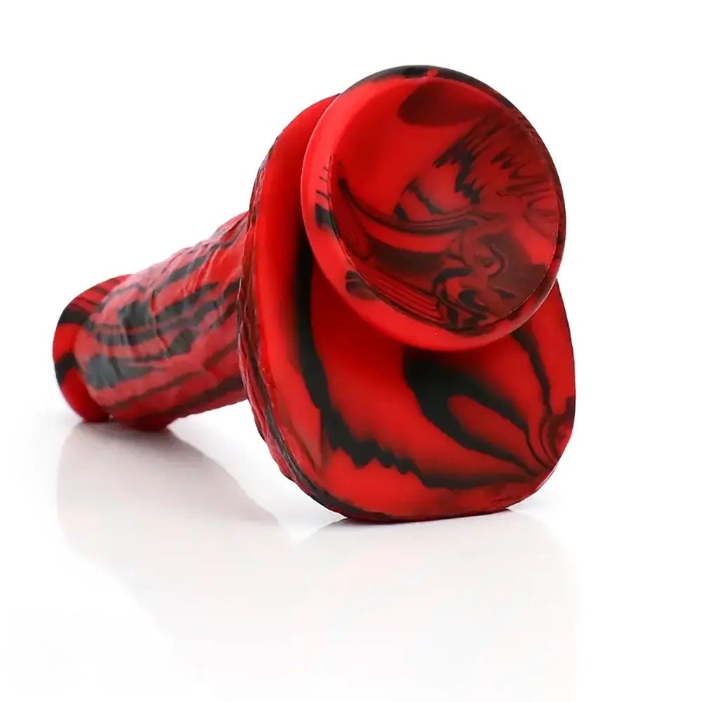Red and black marbled silicone dildo, photo 6