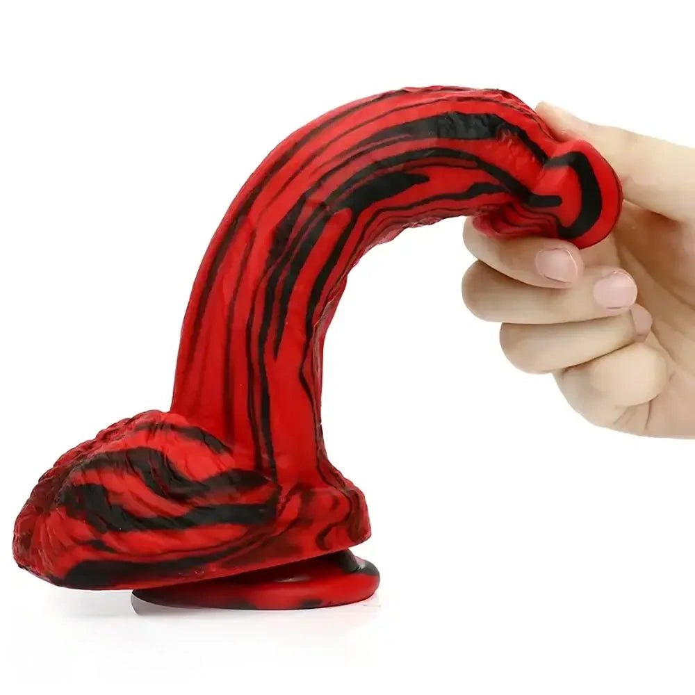 Red and black marbled silicone dildo, photo 7