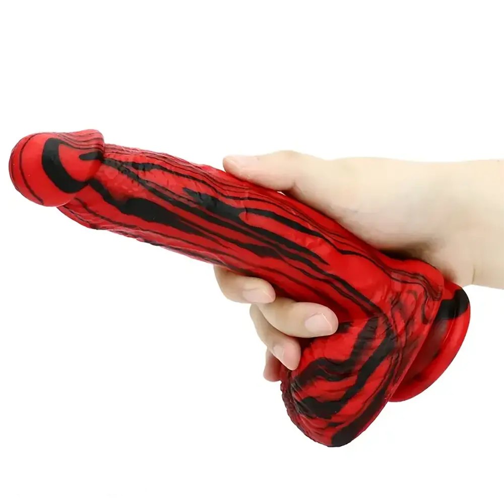 Red and black marbled silicone dildo, photo 8